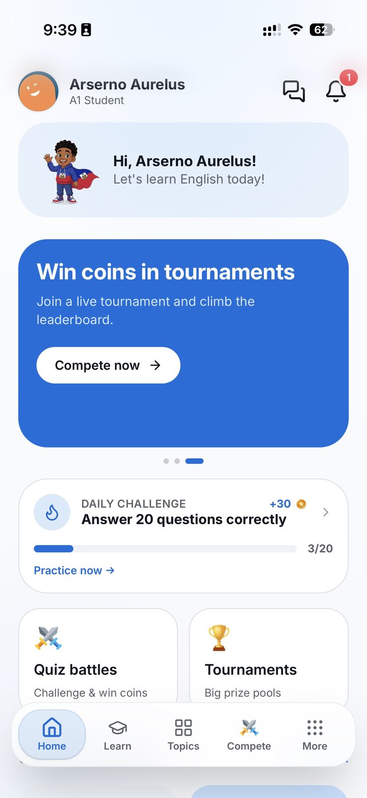 Yorlingo home screen showing daily challenge and tournaments