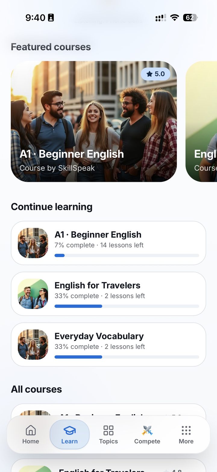 Yorlingo courses screen with featured and continue-learning courses